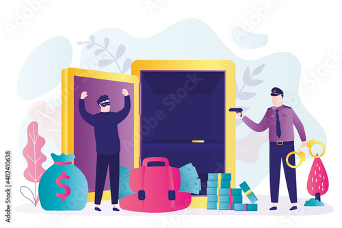 Man in mask robbed safe in bank. Robber surrenders to police officer. Policeman pointed with pistol at criminal