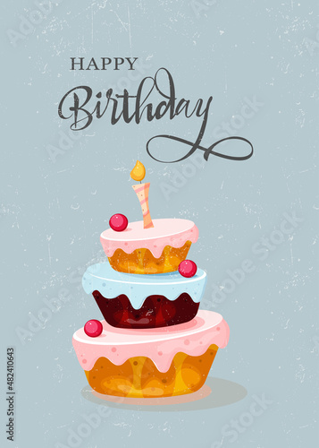 Happy birthday holiday card with a cute vintage-style cake
