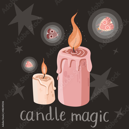 Magic candles burning with butterfly and moth