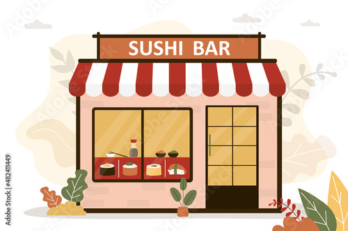 Facade of sushi bar building. Asian traditional cuisine in cafe. Japanese restaurant with variety of dishes
