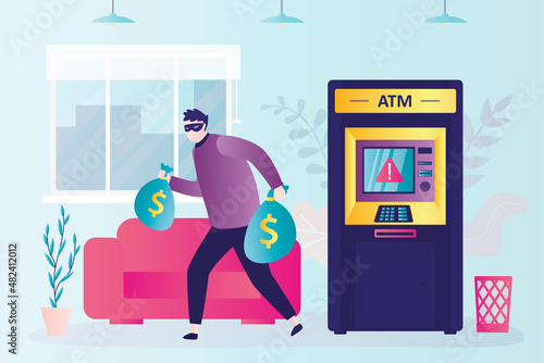 Criminal robbed ATM terminal. Masked thief with money bags. Illegal actions concept. Funny thief escapes after robbing cash machine. Bank interior.