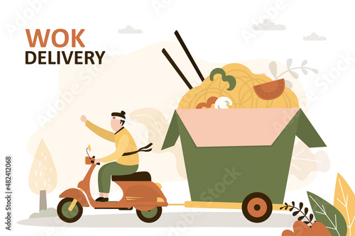 Courier delivers order from Asian restaurant on moped. Egg noodles with different vegetables