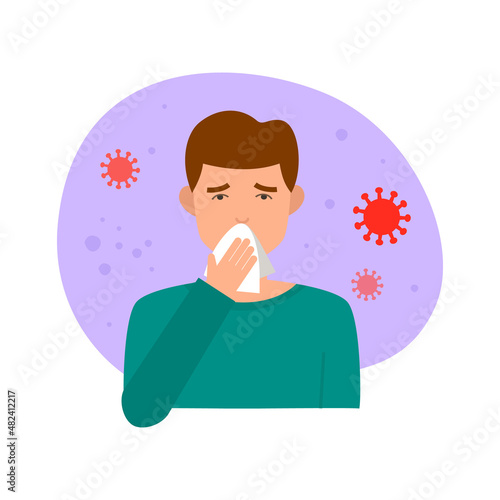 Man blowing her nose into white handkerchief