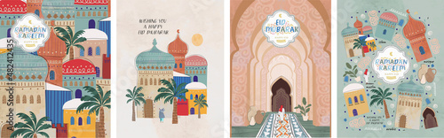 Canvas Ramadan Kareem! Eid Mubarak! Islamic holiday vector illustrations, Arabic archit
