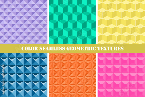 Set of colorful seamless geometric patterns. Decorative bright endless backgrounds. 3d endless vibrant textures