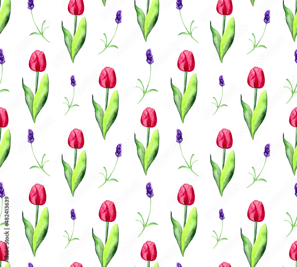 Seamless pattern with wildflowers: lavender and tulip on a white background. Watercolor background for textiles, wallpaper, packaging and bed linen. Seamless pattern with wildflowers: lavender and tulip on a white background. Watercolor background for textiles, wallpaper, packaging and bed linen.