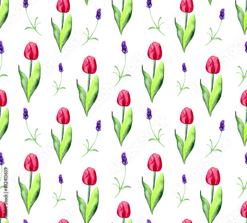 Seamless pattern with wildflowers  lavender and tulip on a white background. Watercolor background for textiles  wallpaper  packaging and bed linen.