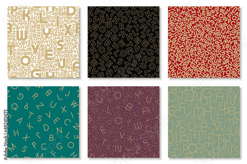 Set of vector color alphabet patterns, covers, cards. Stylish fashion backgrounds with letters. Trendy elegant prints