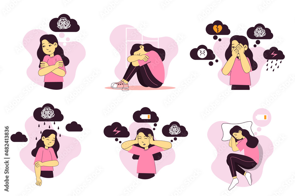 Illustraton of depression issue. Set of young girl have mental problems. Concept of kid's sorrow, alone and bad mood. Problems of teens Illustraton of depression issue. Set of young girl have mental problems. Concept of kid's sorrow, alone and bad mood. Problems of teens