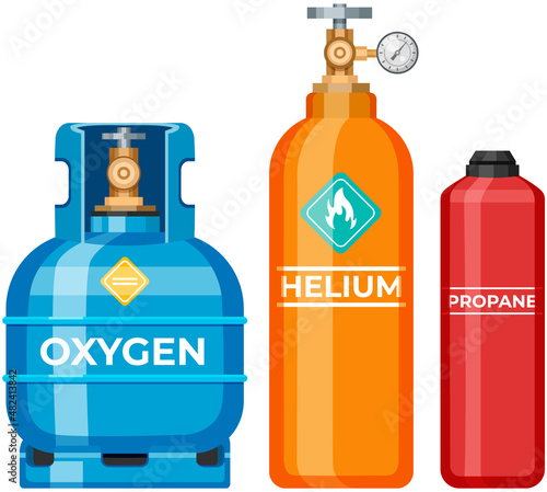 High cylinder, canister with fuel, storage for gas. Metal tank with liquefied compressed petroleum, propane. Pressurized gas cylinder, storage with tap for substance release vector illustration