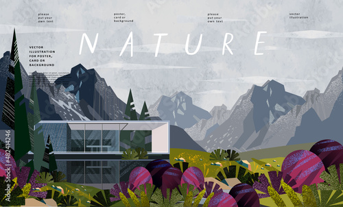 Basic RGB Nature, landscape house. Vector illustration of modern architecture, cottage and chalet surrounded by forest, mountains, trees. Drawing for poster, background or banner