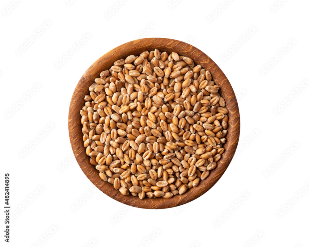 Bowl with wheat isolated on white background. Close-up. Grain wheat on white background. Whole grain wheat. Top view, image with copy space. Bowl with wheat isolated on white background. Close-up. Grain wheat on white background. Whole grain wheat. Top view, image with copy space.