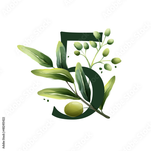 Number five logo in watercolor style with olive branches.
