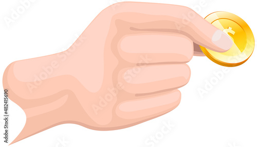 Human hand with coin isolated. Realistic 3d coin. Money donation, charity, investment. Profit, income, salary increase. Hand holding gold dollar penny. Person pay with gold cent between fingers