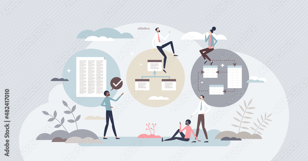 Data models with different information processing types tiny person concept. Visual text representation and structural system network vector illustration. Database management with link connections. - obrazy, fototapety, plakaty 