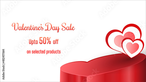 happy valentines day, creative valentines day sales banner created with objects like hearts with heart shape podium on white background.