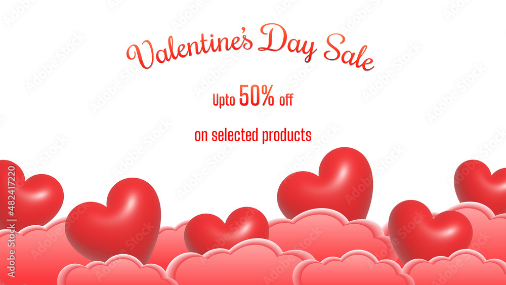 happy valentines day, creative valentines day sales banner created with objects like hearts and clouds on white background.
