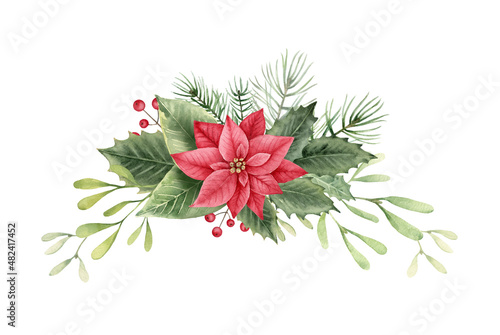 Christmas floral bouquet with poinsettia,holly berries,leaves.Watercolor illustration isolated on white background.