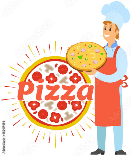 Design for Italian restaurant, pizzeria logo. Chef standing with bakery product, dish of italian cuisine in cafe. Cooking hot pizza, dough dish with ingredients. Pizzaiolo, pizza maker serving meal