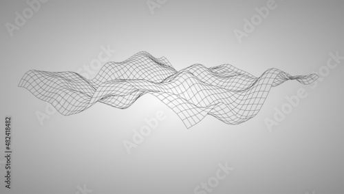 Rednered illustration of 3D terrain with wireframe mesh topology