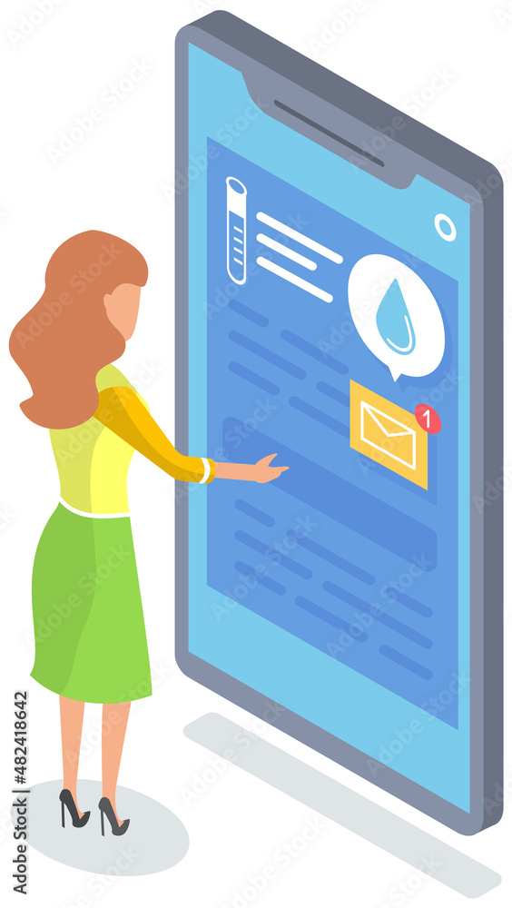 Mobile phone with weather forecast app vector illustration. Woman uses application for determining air temperature. Girl looking at smartphone screen with weather and precipitation forecasting program Mobile phone with weather forecast app vector illustration. Woman uses application for determining air temperature. Girl looking at smartphone screen with weather and precipitation forecasting program