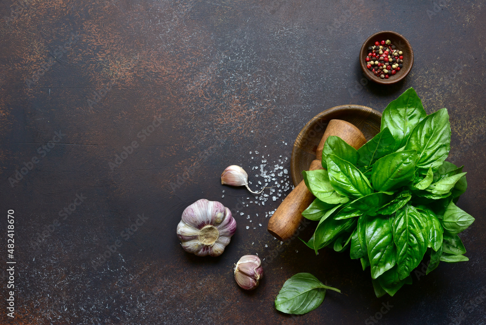 Traditional mediterranean spices : sea salt, basil, garlic, pepper. Top view with copy space. Traditional mediterranean spices : sea salt, basil, garlic, pepper. Top view with copy space.