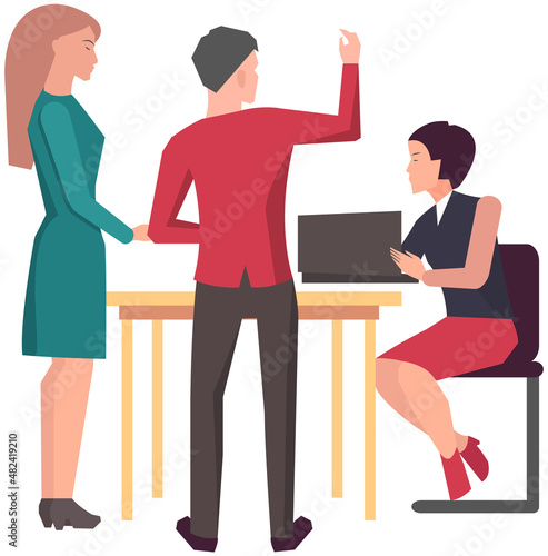 Businesspeople have project strategy planning meeting. Teamwork with business plan, creating new creative project. Meeting to discuss starting business. Colleagues discussing work in entrepreneurship