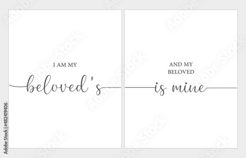 Love bible verse, set of 2 prints, I am my beloved's, and my beloved is mine, Song of Solomon 2:16, two pieces, minimalist poster, Love wall gift, love card, home wall decor, vector illustration