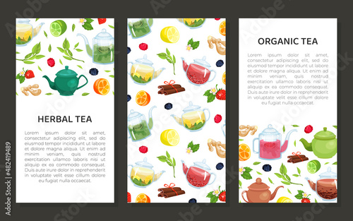 Organic tea banner templates set. Herbal healthy drink, aromatherapy, homeopathy brochure, cover, advertising, packaging vector illustration