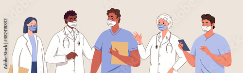 Team doctors in white coats and surgical suits. Set of portraits medical workers different nationalities of male and female, medics and paramedics — surgeons, physicians, nurses. Flat cartoon vector.