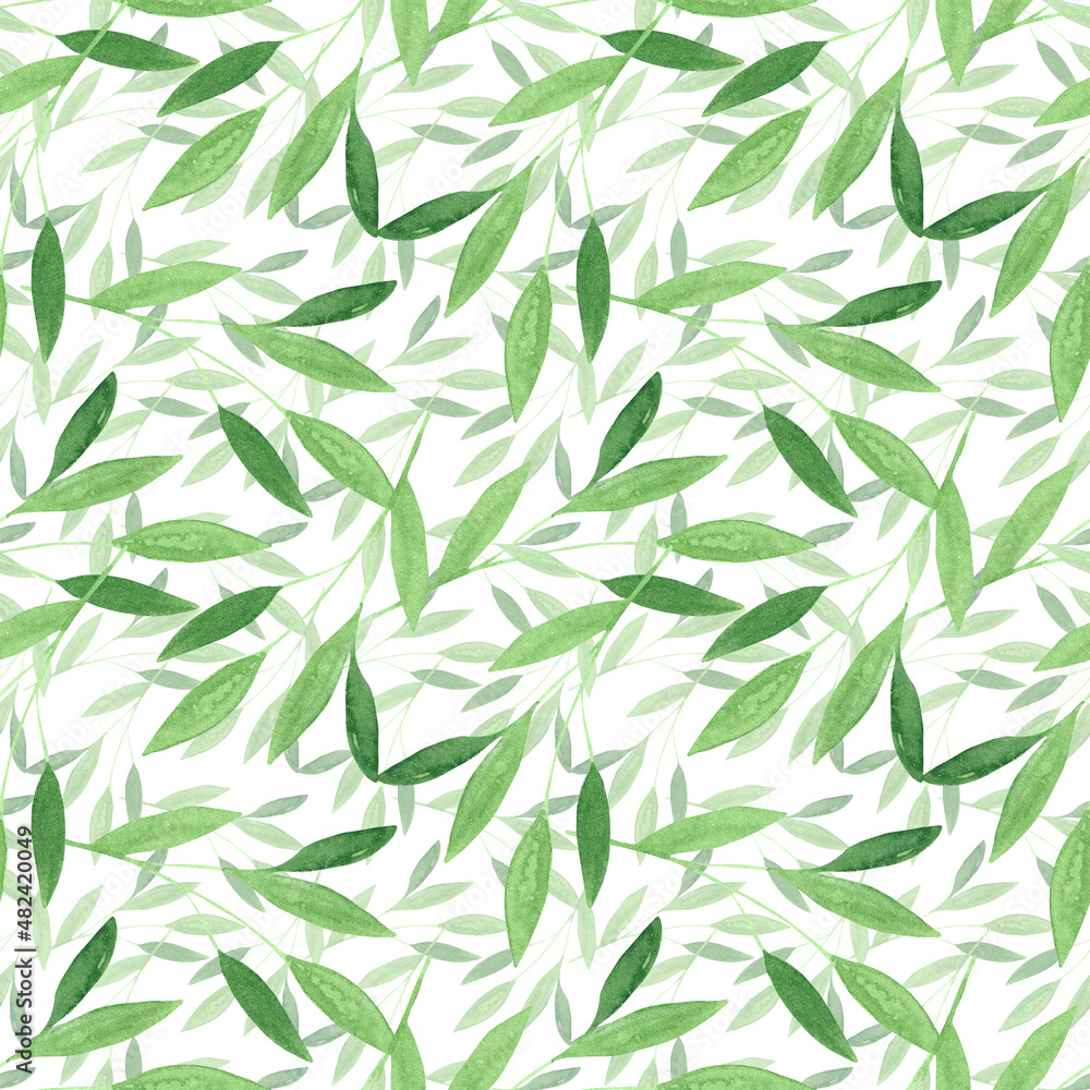 Naklejka premium Green foliage pattern, Watercolor seamless background, Greenery repeat wallpaper, Decorative texture design, Spring leaves ornament, Tree branch seamless pattern, Green leaf backdrop