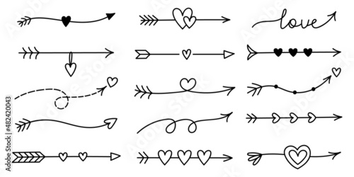 Set of cute doodle arrows for Valentine's Day isolated on white background. Vector hand-drawn illustration. Perfect for holiday designs, cards, invitations, decorations. Romantic clipart collection.