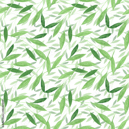 Green foliage pattern, Watercolor seamless background, Greenery repeat wallpaper, Decorative texture design, Spring leaves ornament, Tree branch seamless pattern, Green leaf backdrop