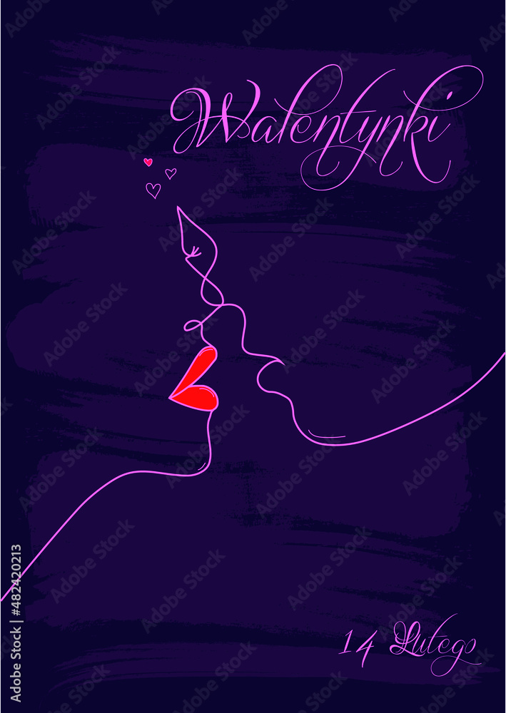 Kartka lub baner z życzeniami szczęśliwych Walentynek 14 lutego w kolorze fioletowym z konturem twarzy mężczyzny i kobiety w kolorze fioletowym na fioletowym tle i małymi serduszkami - obrazy, fototapety, plakaty 