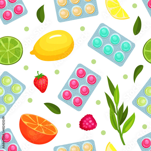 Throat lozenges seamless pattern. Sore throat relief medicine background, wallpaper, cover, textile, packaging design vector illustration