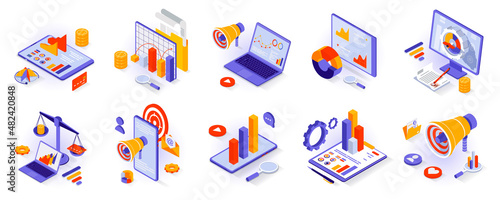 Business and marketing concept isometric 3d icons set. Market research and statistics, data analytics, customer attraction, promotion and advertising isometry isolated collection. Vector illustration