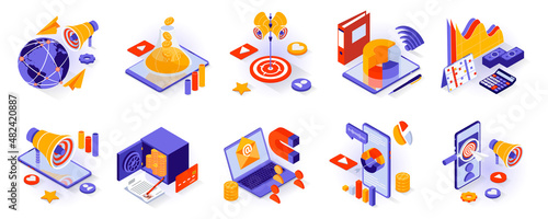 Business and marketing concept isometric 3d icons set. Global promotion, sales funnel and profit growth, data analytics, banking, online advertising isometry isolated collection. Vector illustration