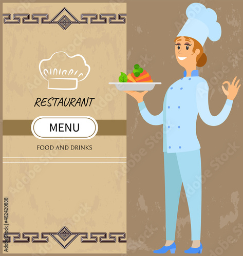 Best chef logo Woman holds plate with ready-made meal. Restaurant service, breakfast or dinner dish vector. Design for restaurant menu. Female kitchener serves dish from chef, healthy food at cafe
