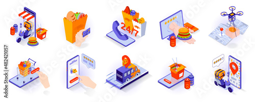 Food delivery concept isometric 3d icons set. Ordering lunch in mobile app, online payment, drone flies or courier carries package, tracking parcel, isometry isolated collection. Vector illustration
