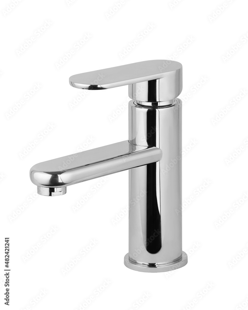 Water tap, chrome-plated metal faucet for the bathroom, kitchen mixer cold hot water. plumbing. Isolated on a white background Water tap, chrome-plated metal faucet for the bathroom, kitchen mixer cold hot water. plumbing. Isolated on a white background