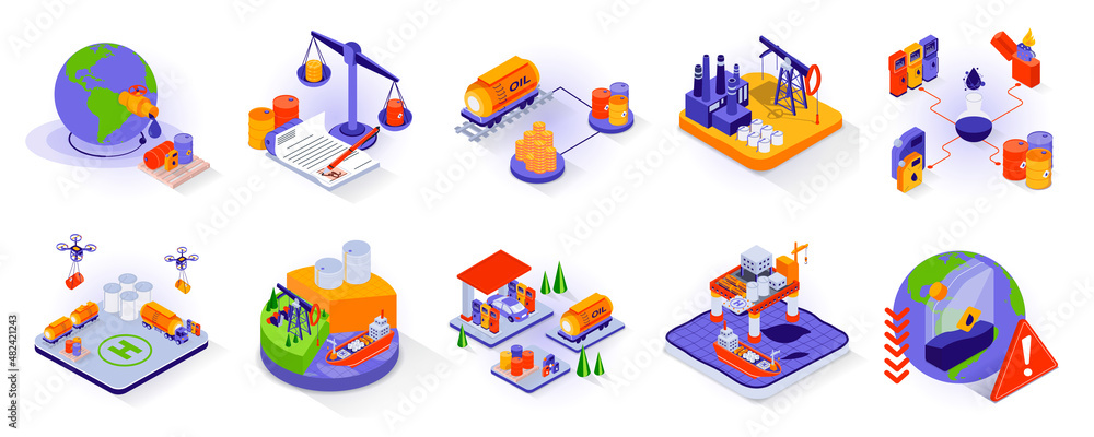 Oil and Industry concept isometric 3d icons set. Global oil trading, storage and distribution isometry isolated collection. Factory equipment, production technology and other. Vector illustration
