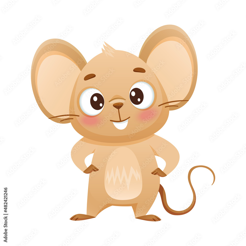 Obraz premium Cute little mouse standng on its hind legs. Adorable funny baby animal character cartoon vector illustration