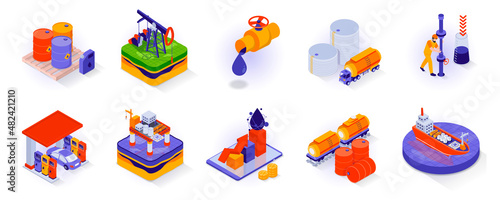 Oil and Industry concept isometric 3d icons set. Extraction, transportation and distribution isometry isolated collection. Barrels, pipeline, equipment, gas station and other. Vector illustration