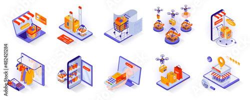 Online shopping concept isometric 3d icons set. Ordering goods using mobile application or computer, making purchases, payment and home delivery, isometry isolated collection. Vector illustration