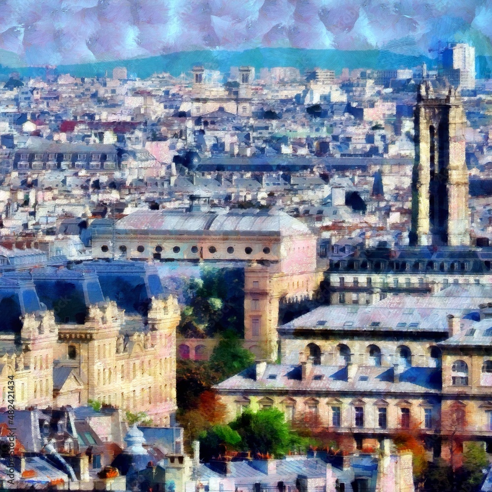Fototapeta premium Beautiful places in Paris. Colourful views of Paris. Famous outdoor touristic scenes Paris. Large size painting. Hand drawn artwork with oil brush strokes and canvas texture. Card, background, cover.