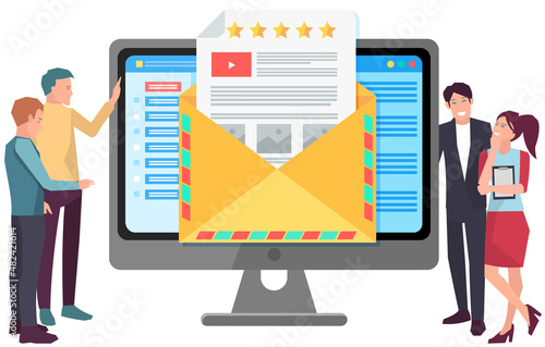 Rating on customer service concept. Five stars rating on paper letter in open envelope. People working with website for rating and review on monitor. Colleagues discuss customer support feedback