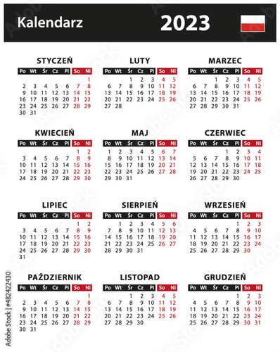 2023 Calendar - vector stock illustration. Poland, Polish version | Kalendarz 2023 - ilustracji wektorowych. Polska, wersja polska	