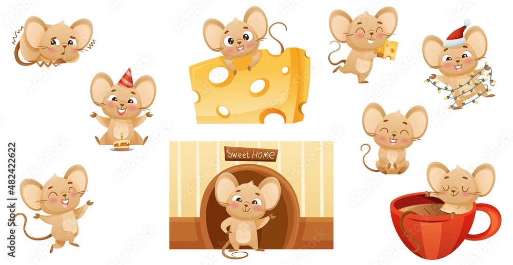 Obraz premium Cute little mouse doing various activities set. Brown baby animal character with funny face and rounded ears vector illustration