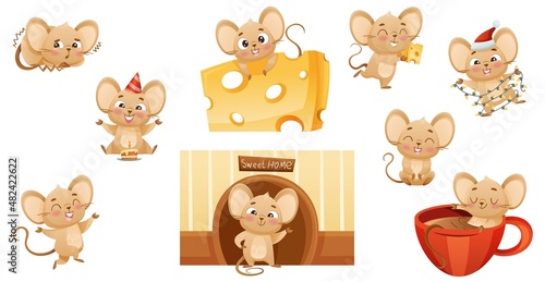 Cute little mouse doing various activities set. Brown baby animal character with funny face and rounded ears vector illustration