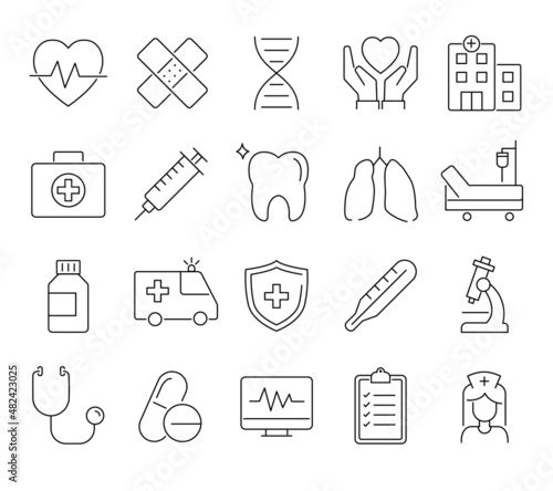 Fototapeta Naklejka Na Ścianę i Meble -  Medicine and health linear icon set. clinic hospital outline symbol collection. Pharmacy and treatment concept. isolated on white background. vector illustration in thin line flat style.